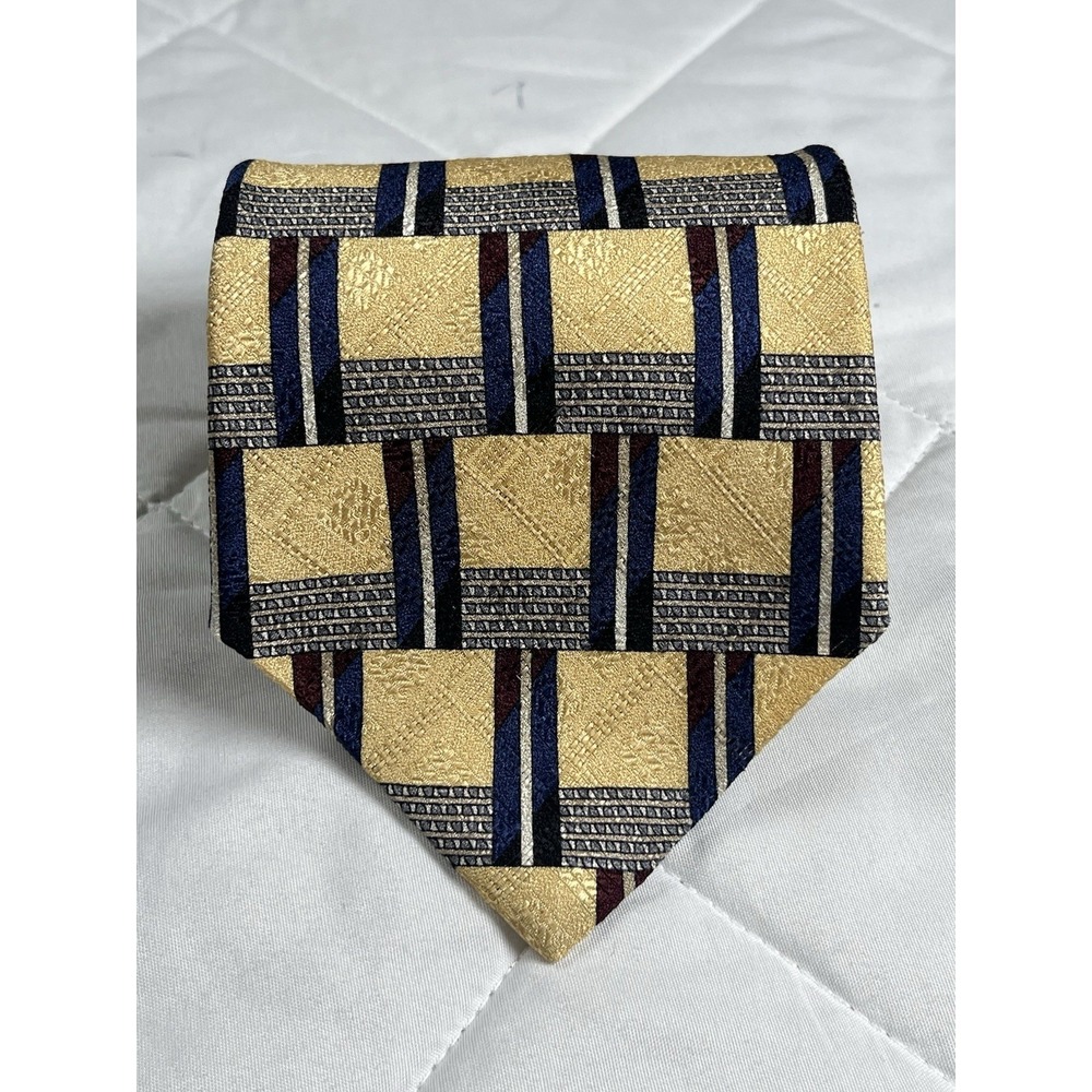Vintage Louis Feraud Silk Tie Gold Blue Geometric Pattern Designer Necktie